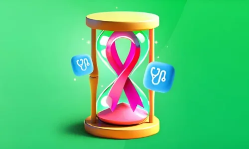 نشان سرطان سینه (Pink Ribbon) داخل یک ساعت شنی طلایی روی پس‌زمینه سبز