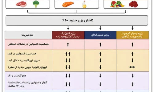 جدول مقایسه اثرات رژیم‌های مدیترانه‌ای، کتوژنیک و گیاهخواری بر شاخص‌های سلامت کبد