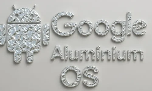 لوگوی اندروید (Android) و متن Google Aluminium OS با بافت فلزی نقره‌ای